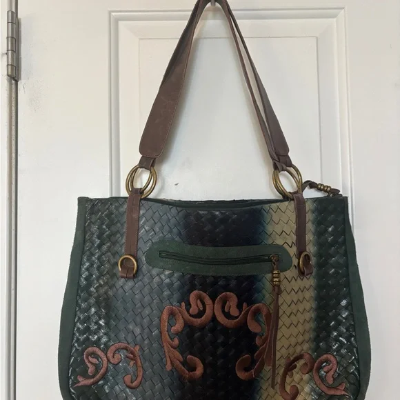SHARIF Bundle of 3 Shoulder Bags Leather Suede and Mixed Green Brown Tan